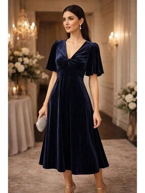 eShakti Navy Velvet Twist Front Flutter Sleeve Empire Waist Midi Dress M Elegant